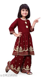 Marron georgette anarkali palazzo kurta set for girl, embellished with three-quarter sleeves, Indian festival wear, sizes 12-8 years